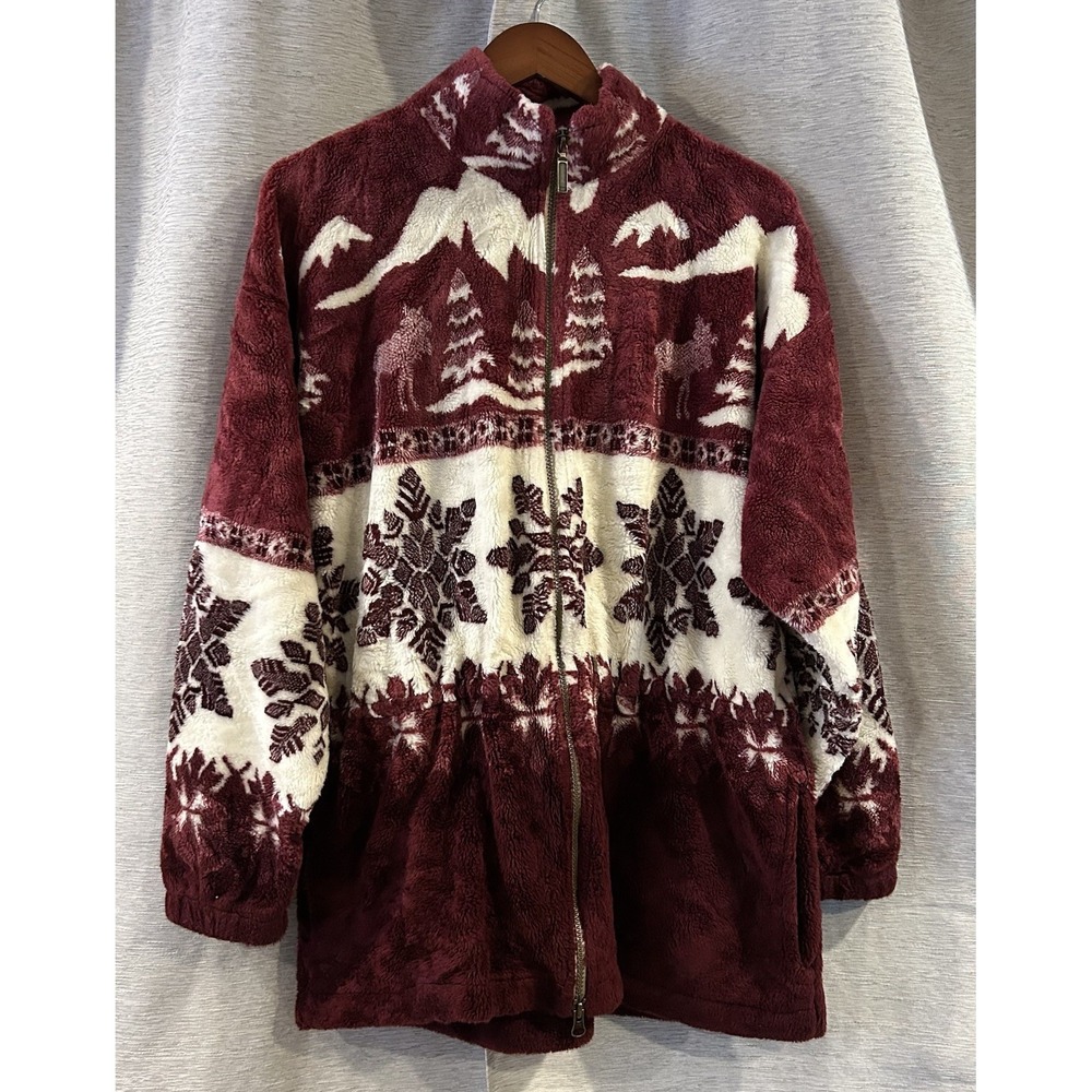 Vintage Cabela's Moose Forest Print Picture Sweater Zip Front Size Large